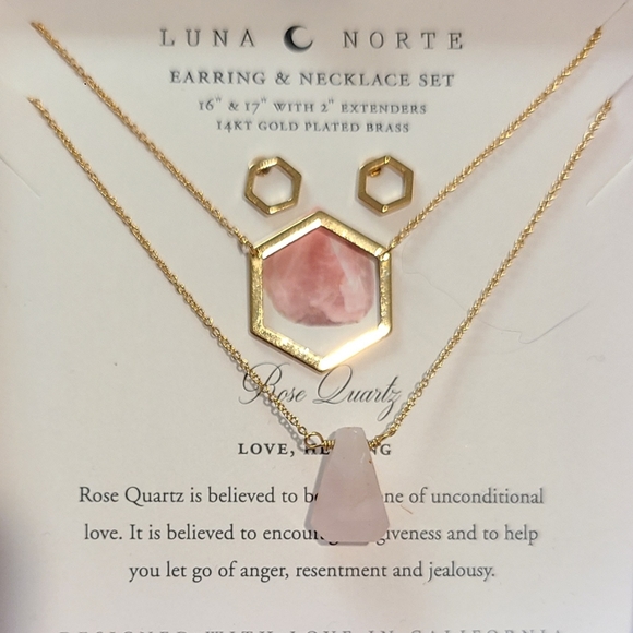 3 PC LUNA NORTE 14K GP HEXAGON EARRINGS & NECKLACES ROSE QUARTZ STONE GEMSTONES - Picture 1 of 3